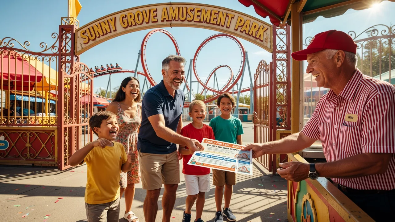 Family at amusement park using coupons