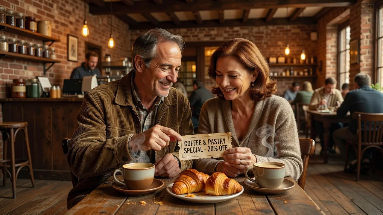 Couple using coupon at cafe