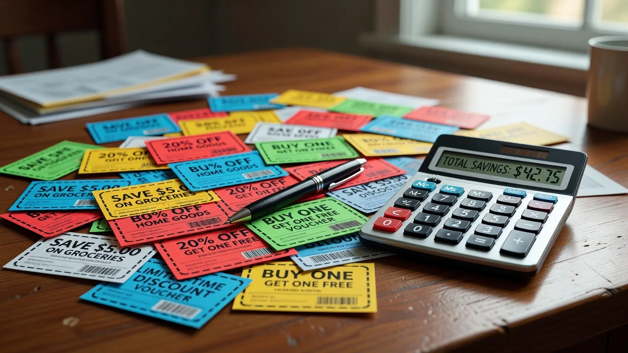 Coupons on desk with calculator