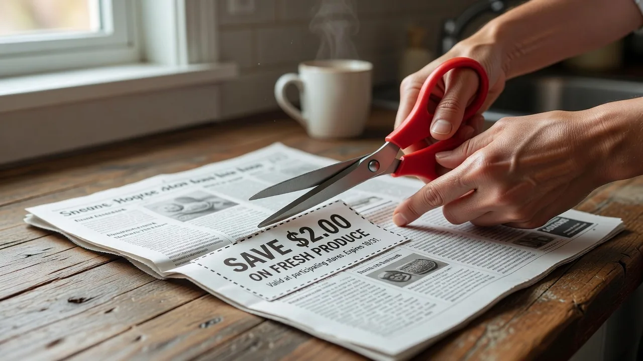 Cutting coupon from newspaper