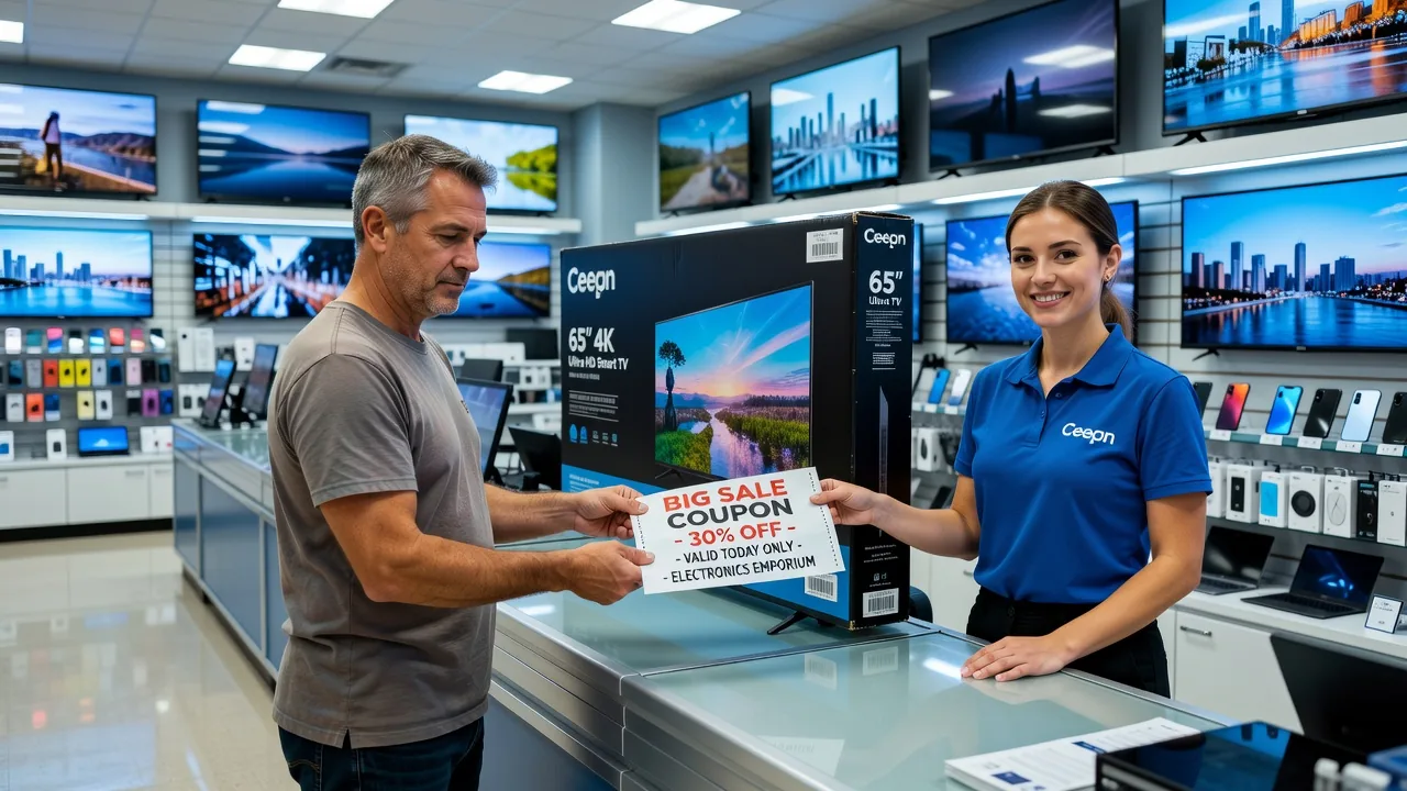 Electronics store with coupon and TV display