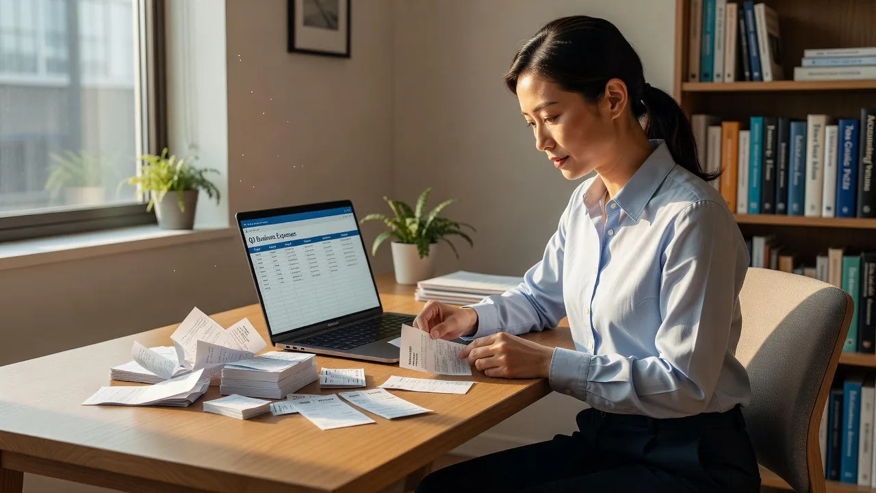 Office worker reviewing coupons and expenses