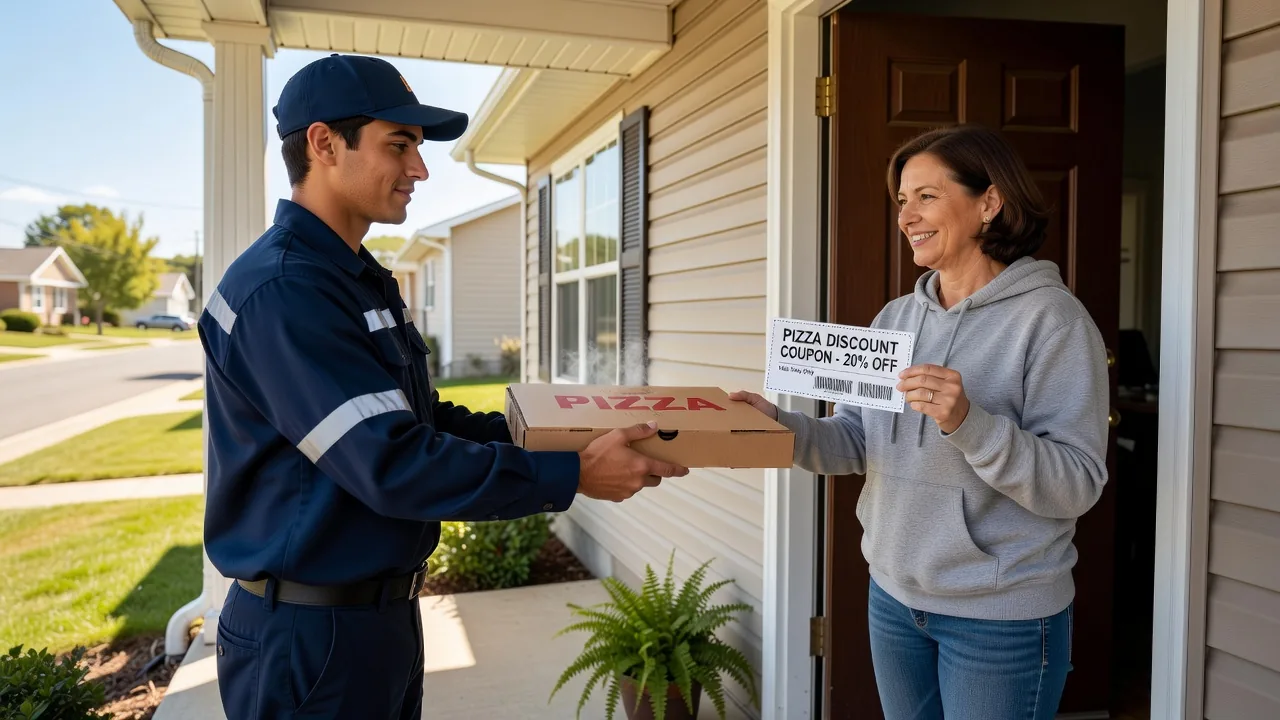 Pizza delivery with coupon at door