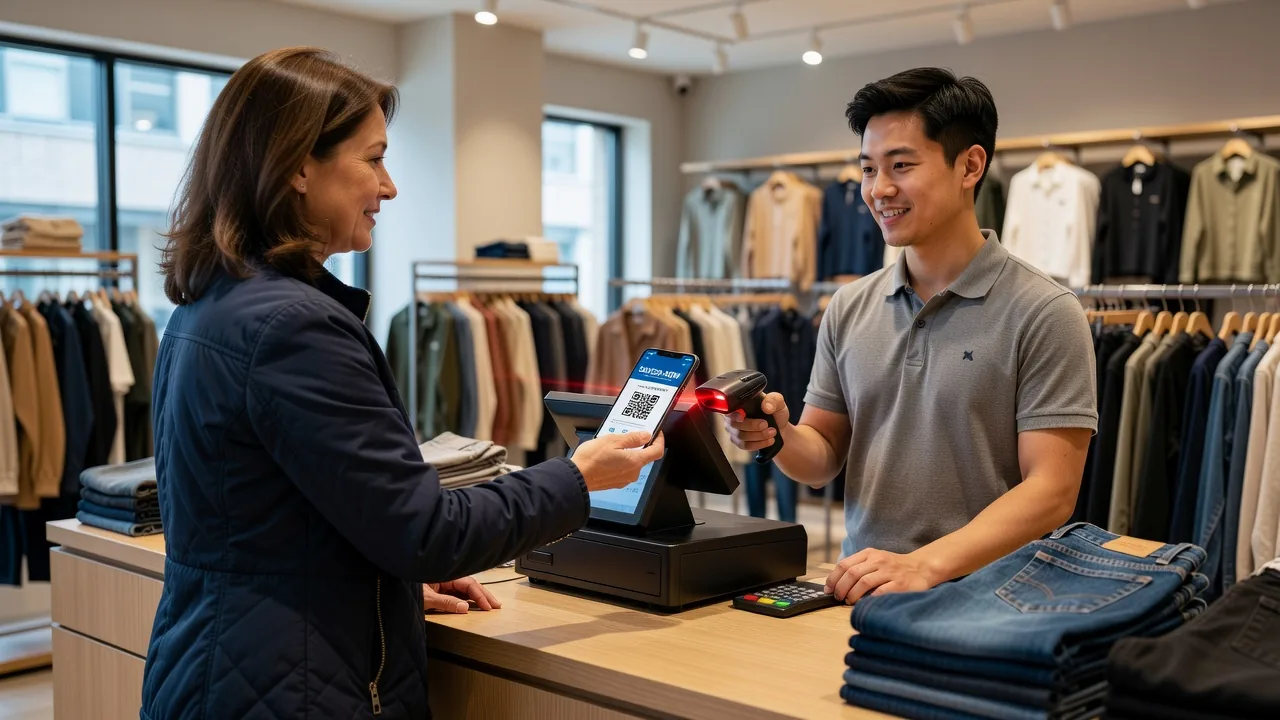 Showing digital coupon at clothing store