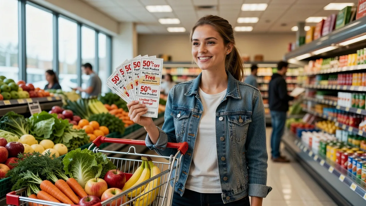 Young woman shopping with grocery coupons